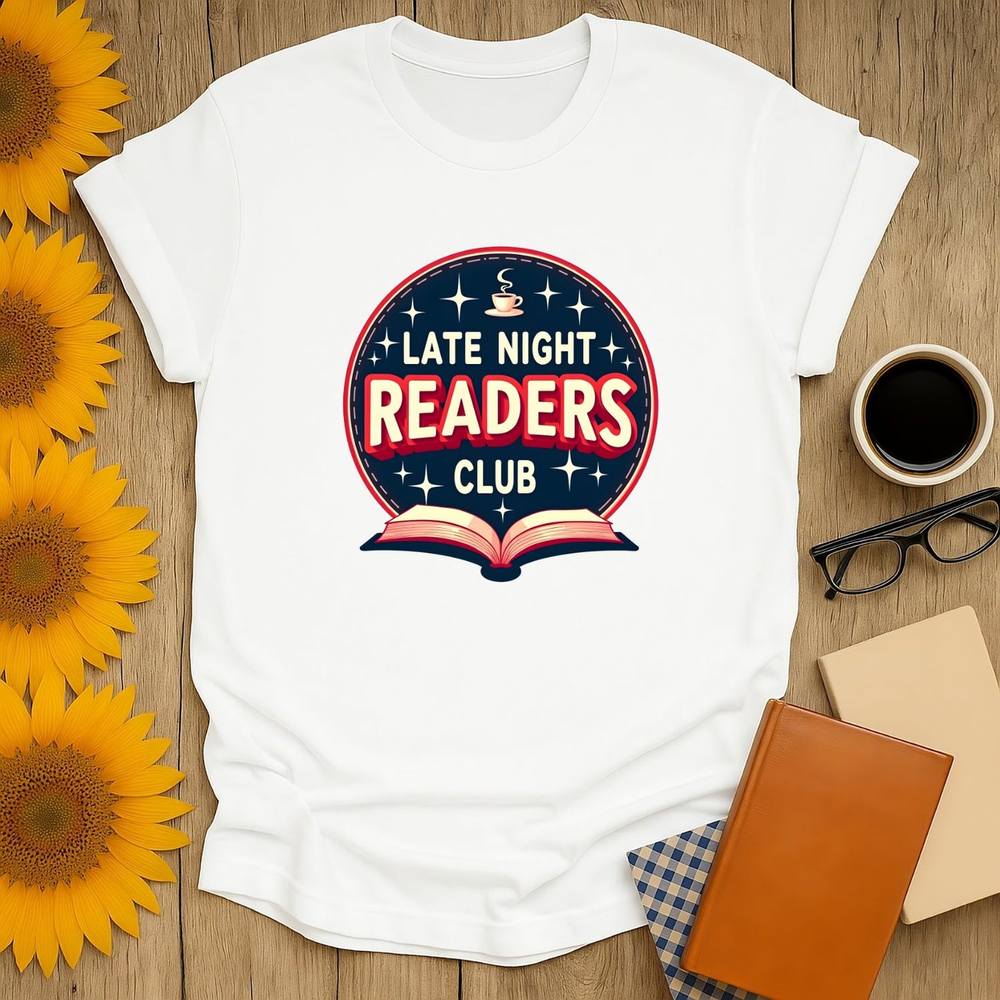 Late Night Readers Club shirt featuring an open book, coffee cup, and fun text – perfect for book lovers and cozy reading nights.