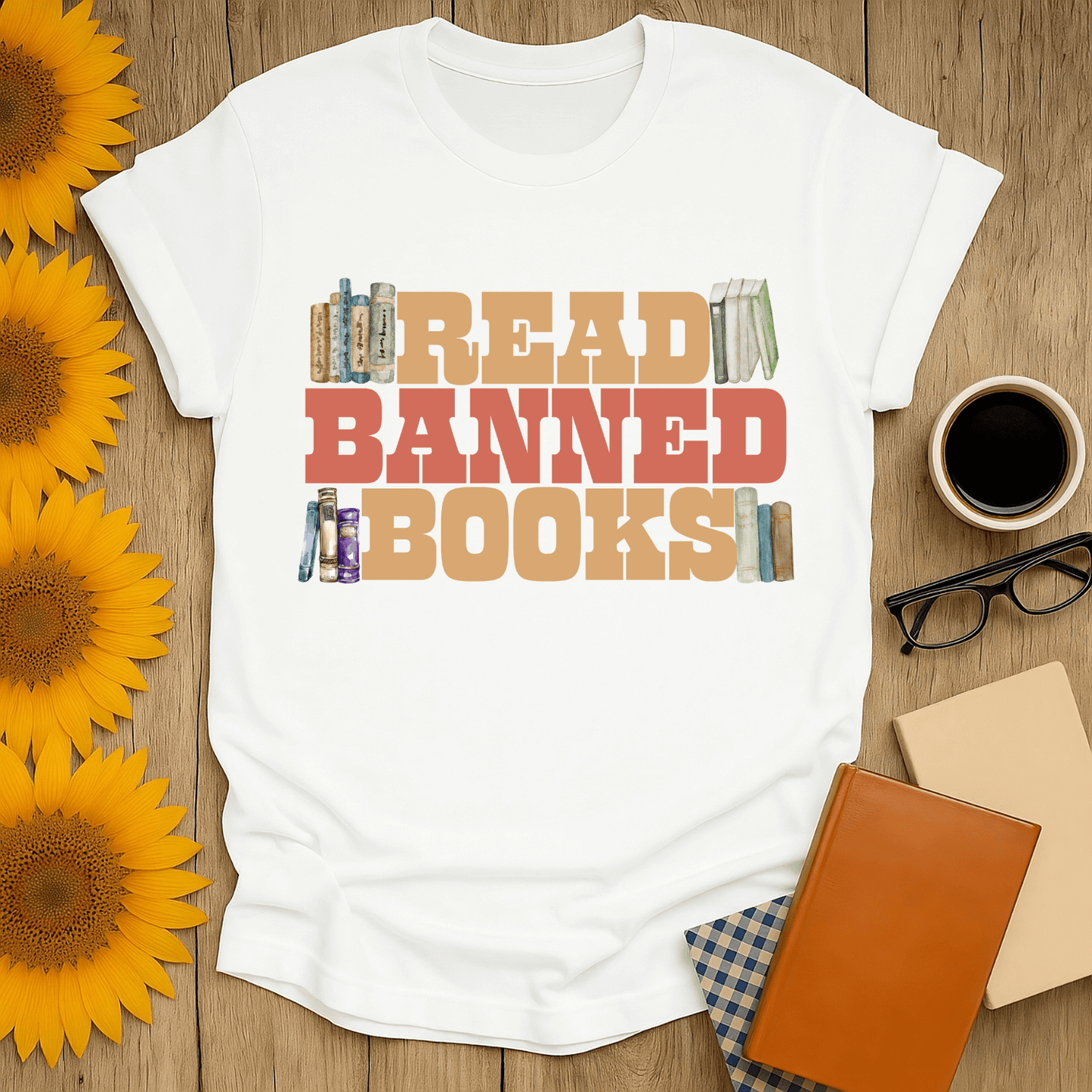 Read Banned Books T-shirt for book lovers, featuring colorful text and book illustrations on a unisex cotton tee.