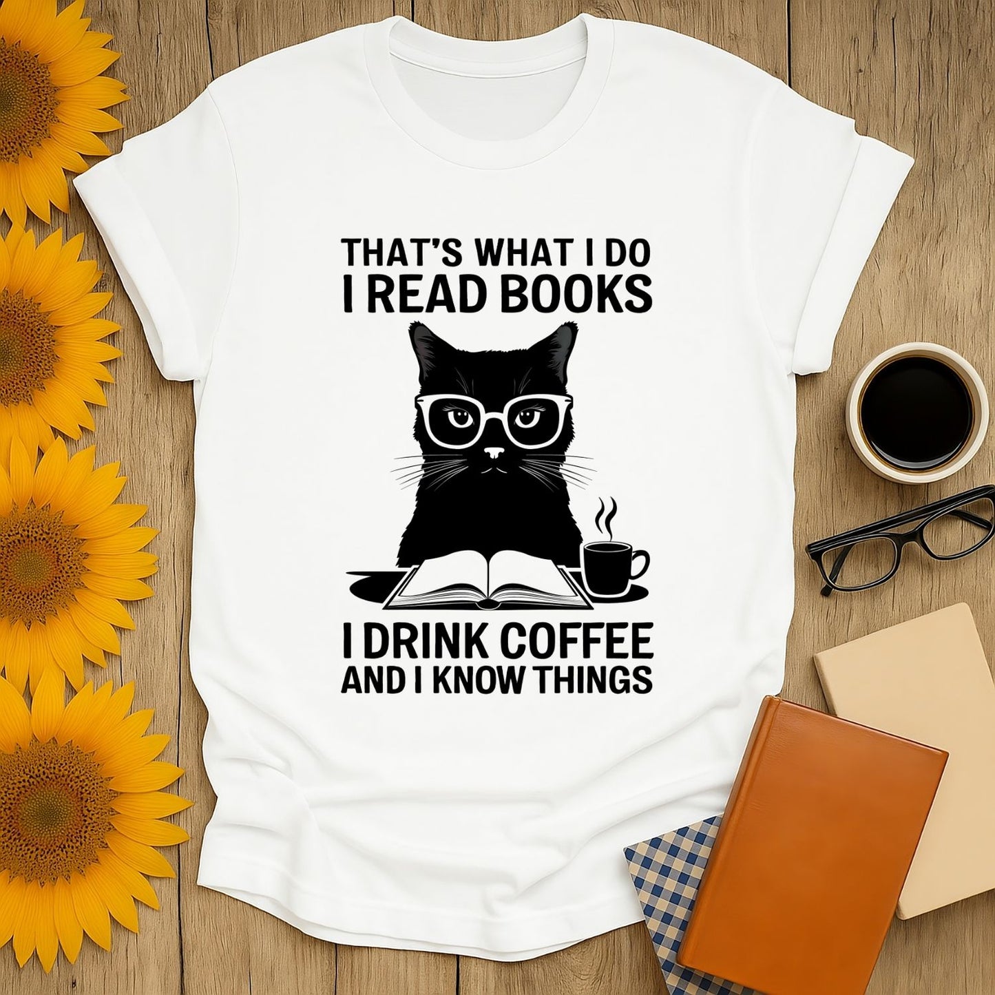 Coffee & Cat Wisdom T-Shirt featuring a cat with glasses, ideal for book lovers, made from 100% ring-spun cotton.