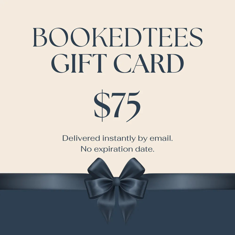 Gift card with a blue bow for Bookedtees, displaying $75 value.