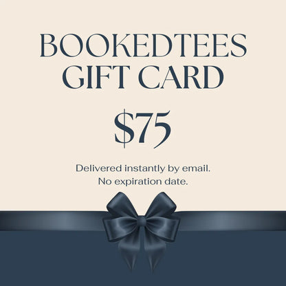 Gift card with a blue bow for Bookedtees, displaying $75 value.