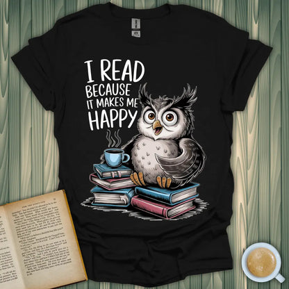 Happy Reader T-Shirt featuring an owl, perfect for book lovers who adore reading and express their joy.