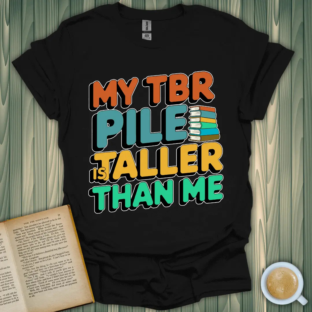 TBR Pile T-Shirt for book lovers, featuring a colorful design on a black unisex shirt.