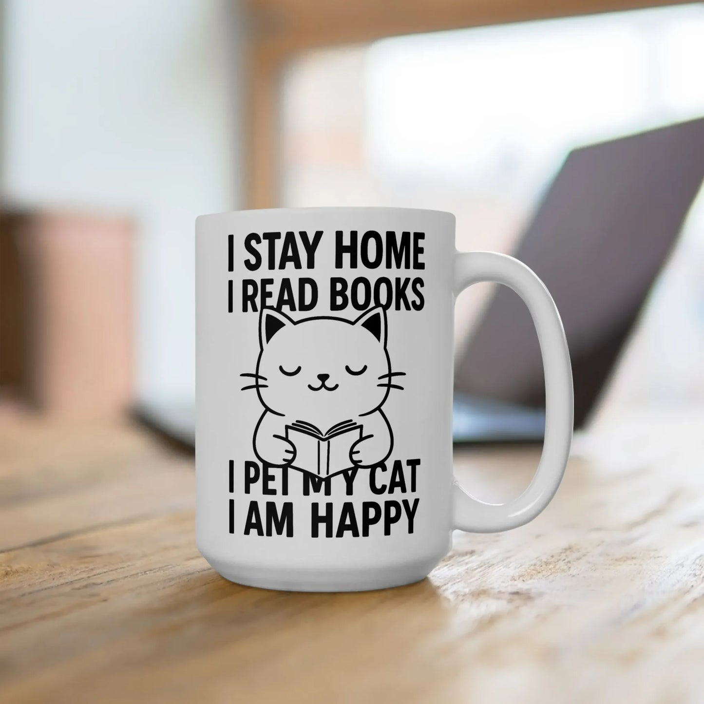 Happy Cat Reader Mug features a cute cat reading, perfect for cozy moments and a great gift for book lovers who adore coffee or tea.