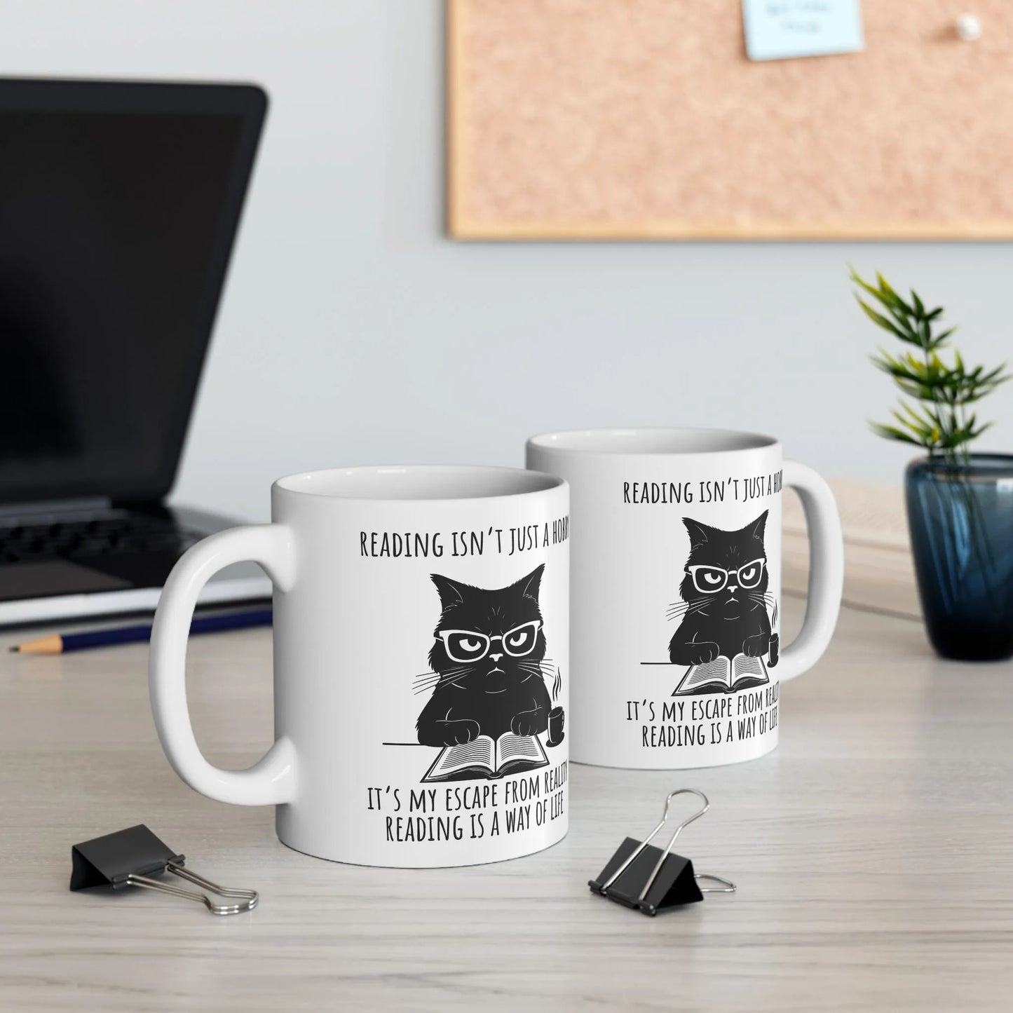 Reading Way of Life Mug featuring a cat illustration with text about reading, perfect for book lovers.