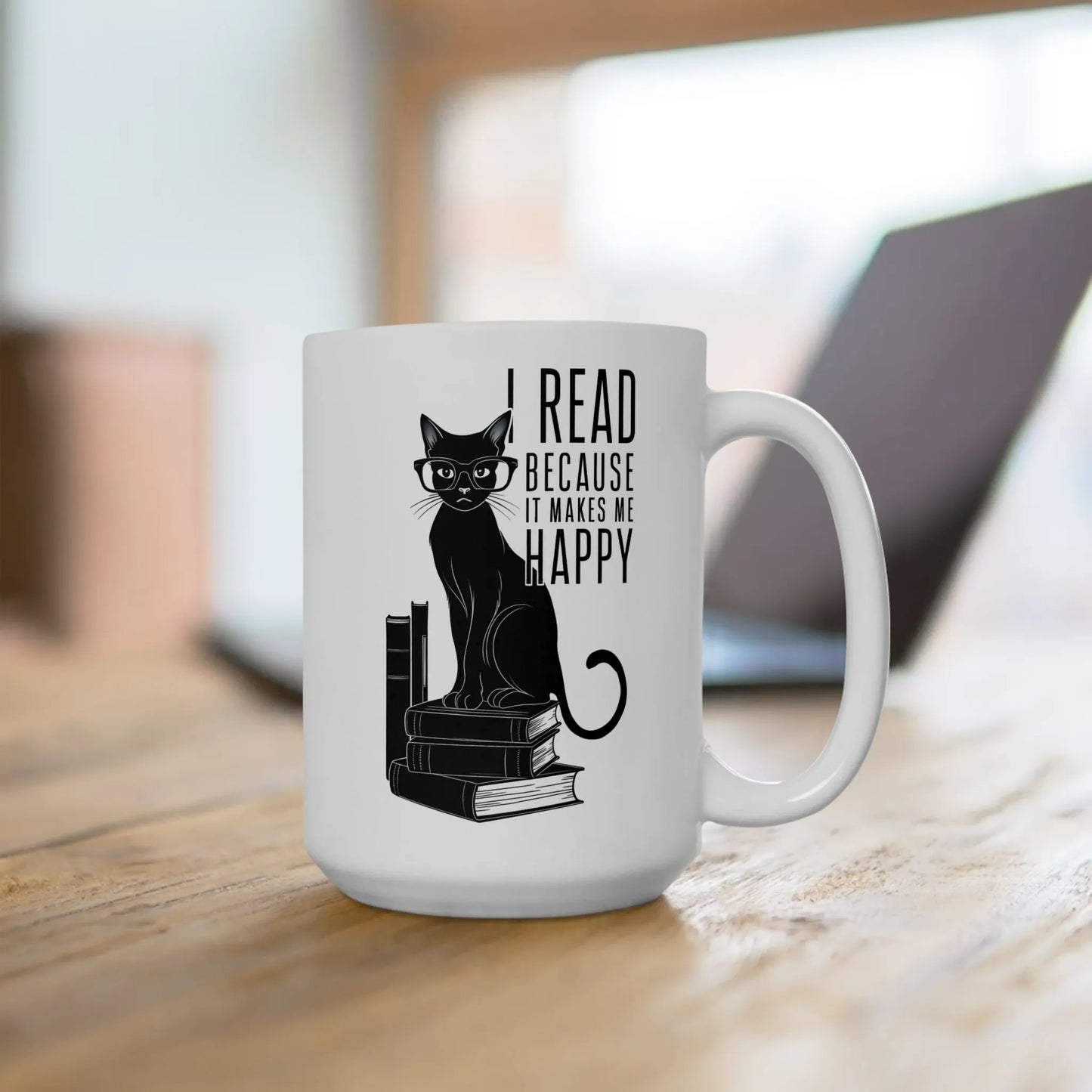 Happy Reading Kitty Mug featuring a stylish black cat on books with text: 'I read because it makes me happy'. Perfect for book lovers.