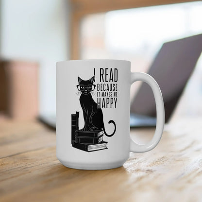 Happy Reading Kitty Mug featuring a stylish black cat on books with text: 'I read because it makes me happy'. Perfect for book lovers.