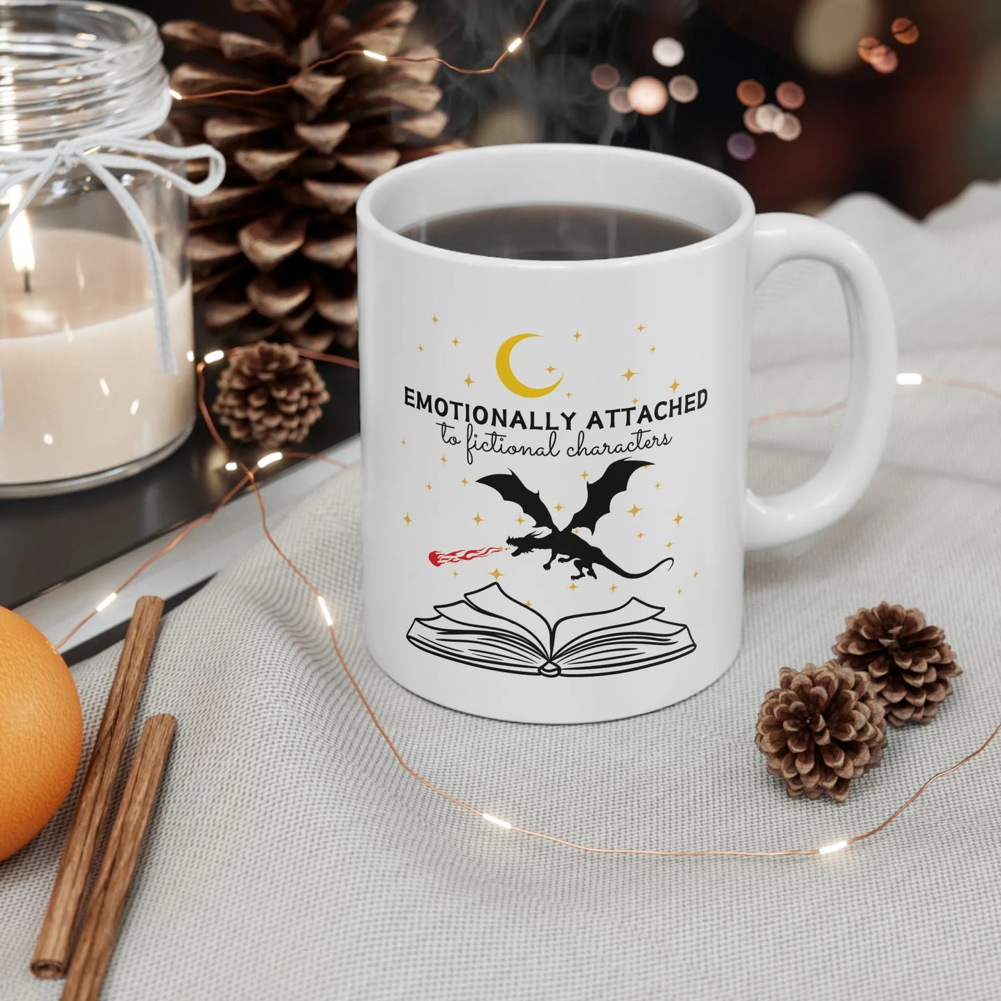 Fictional Characters Mug with a design featuring a bat flying over an open book, perfect for book lover gifts.