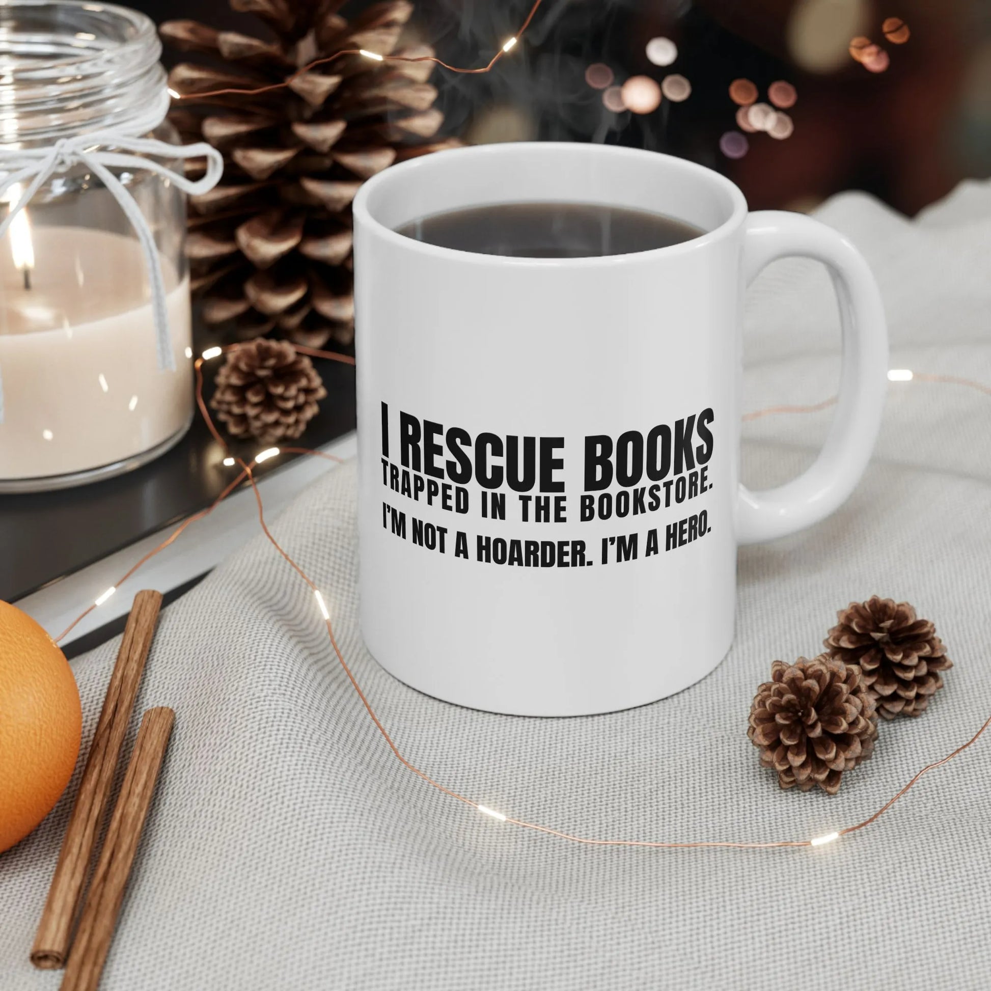 I Rescue Books Mug with humorous text for book lovers, perfect for coffee or tea, cozy and welcoming atmosphere.