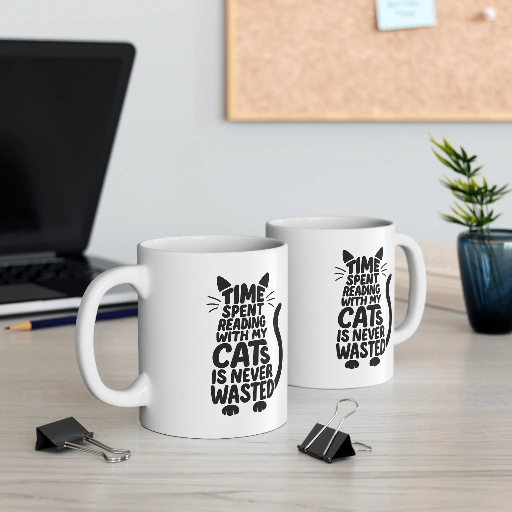 Never Wasted with Cats Mug featuring fun cat-shaped quote perfect for cozy reading moments with feline friends.