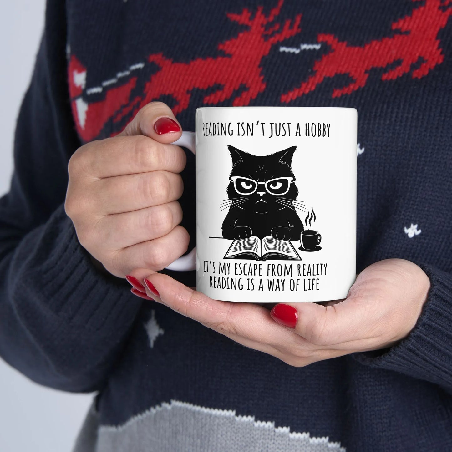 Reading Way of Life Mug featuring a funny cat design with glasses and a coffee cup, ideal for book lovers.