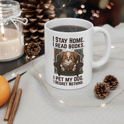 Library Dog Reader Mug featuring a cute illustration of a dog reading a book, perfect for cozy reading moments.