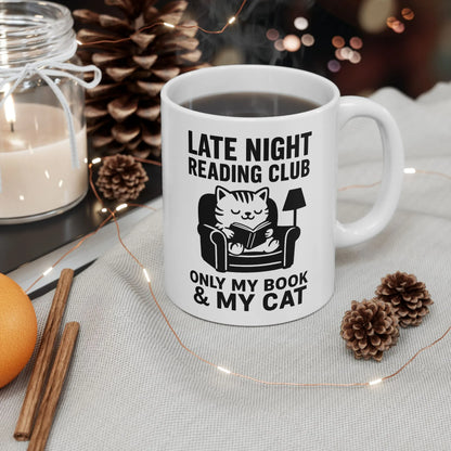 Late Night Reading Club Mug featuring a cozy cat illustration, perfect for book lovers who enjoy coffee and quiet nights.