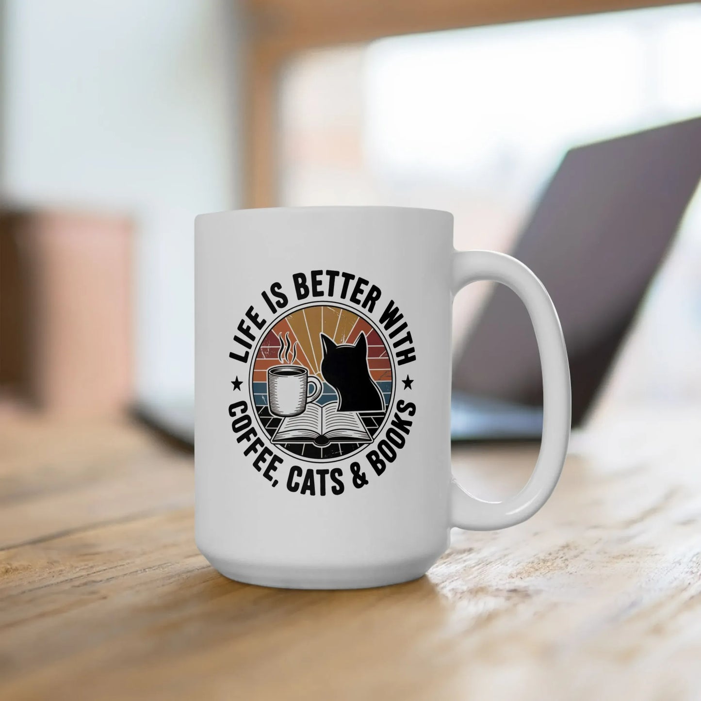 Sunset Reads & Whiskers Mug featuring a cozy design with a cat, coffee, and book, perfect for book lovers.