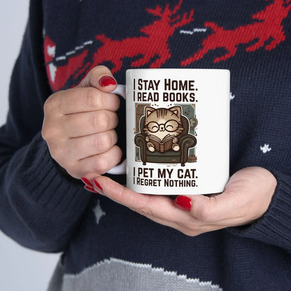 Cozy Library Cat Reader Mug with a cute cat illustration, perfect gift for book lovers who enjoy cat coffee. I stay home, I read books.