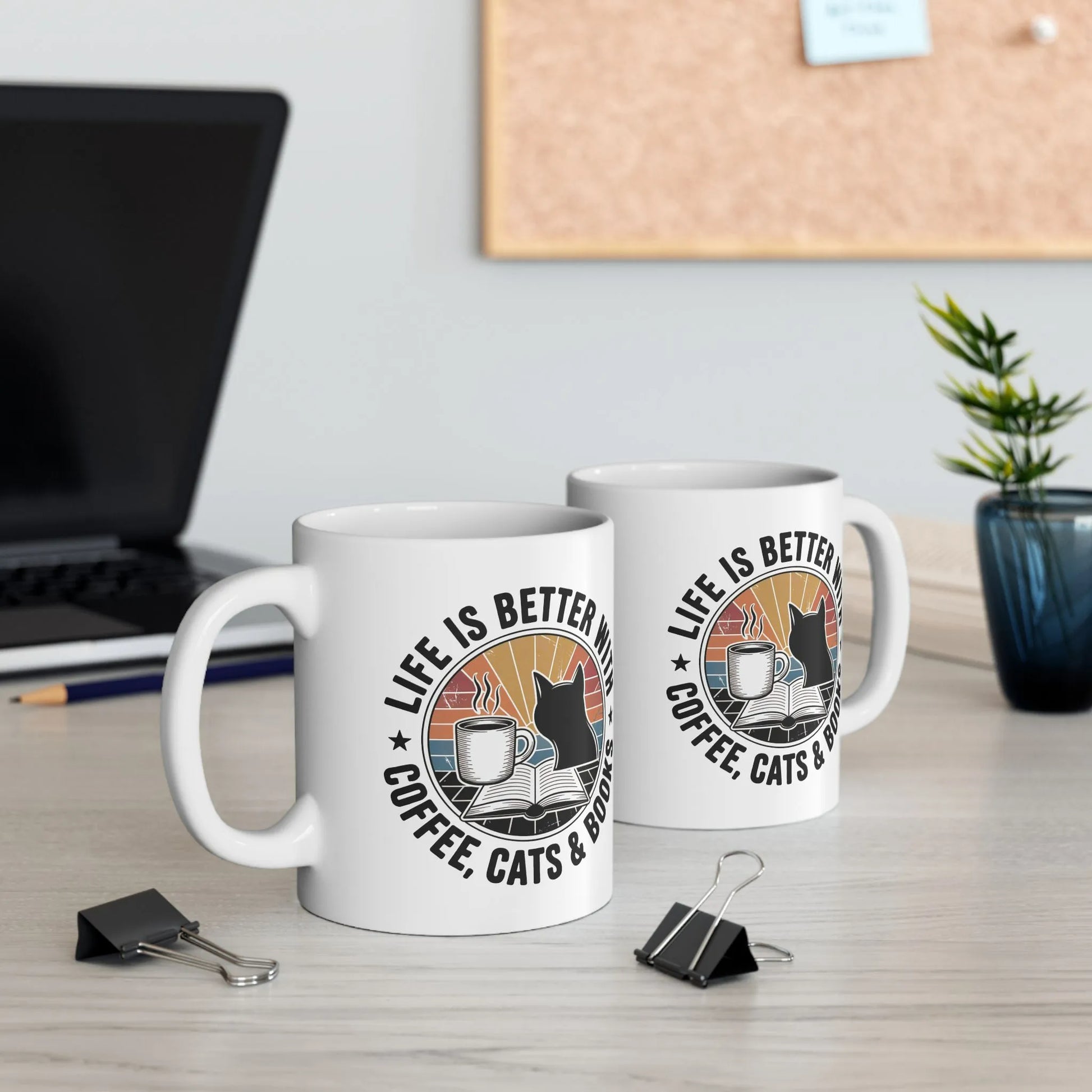 Sunset Reads & Whiskers Mug featuring a warm design with a cat, coffee, and sunset, perfect for cozy reading moments.