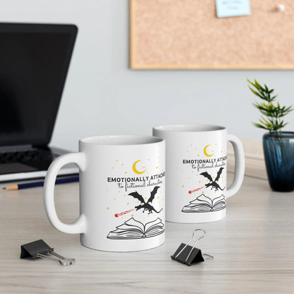 Fictional Characters Mug featuring a whimsical design of a bat and book, great for book lovers and cozy reading.