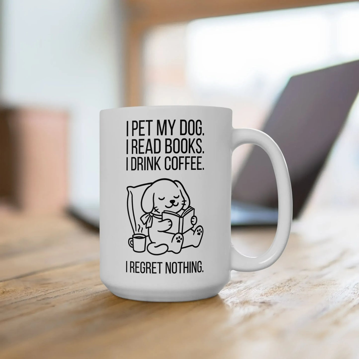 Dogs, Books & Coffee Mug featuring a cute dog illustration with text about loving dogs, books, and coffee.