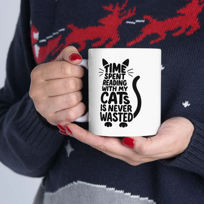 Never Wasted with Cats Mug featuring playful cat quote, perfect for cozy reading and tea lovers.