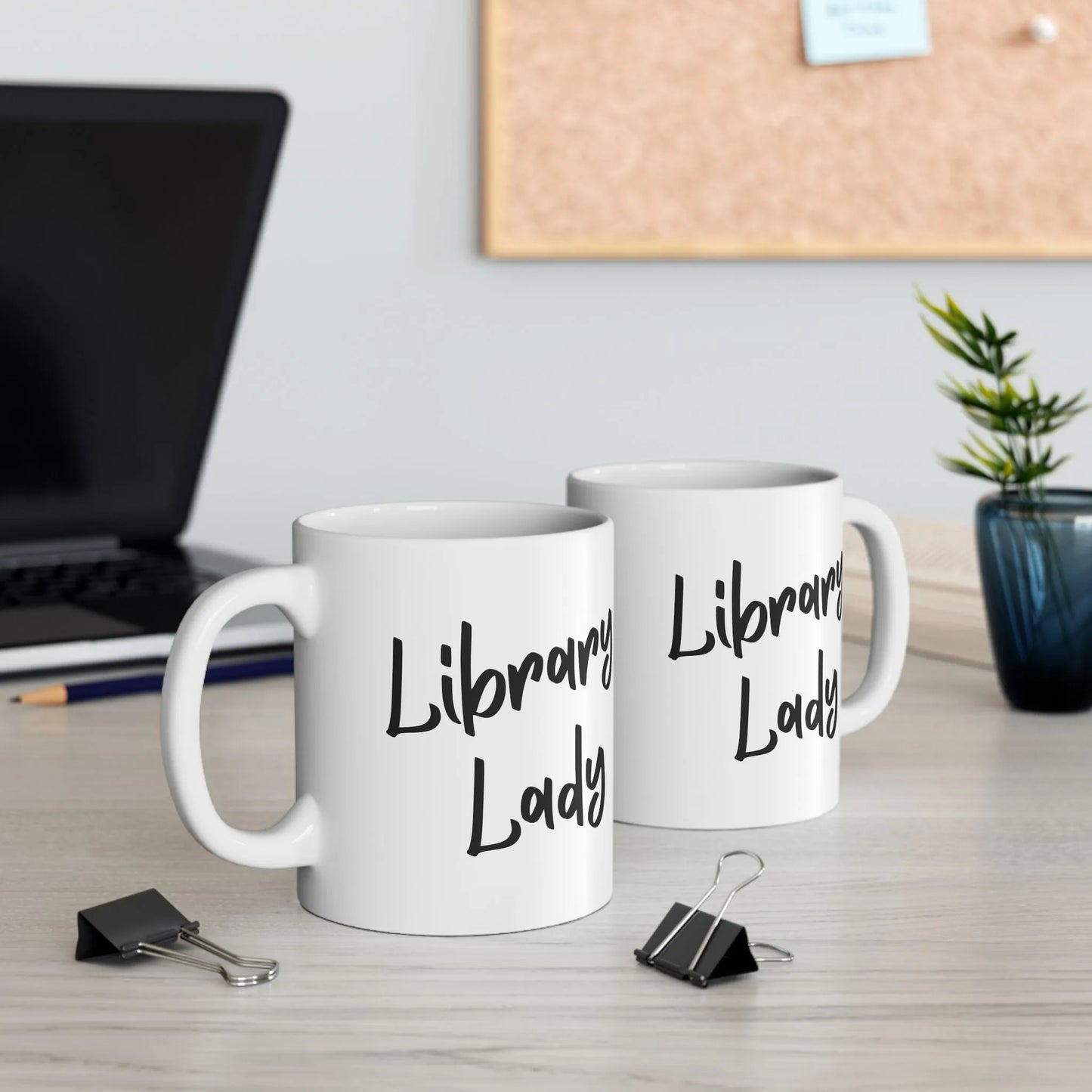 Library Lady Mug featuring bold handwritten text, perfect for cozy coffee breaks and gifts for book lovers.