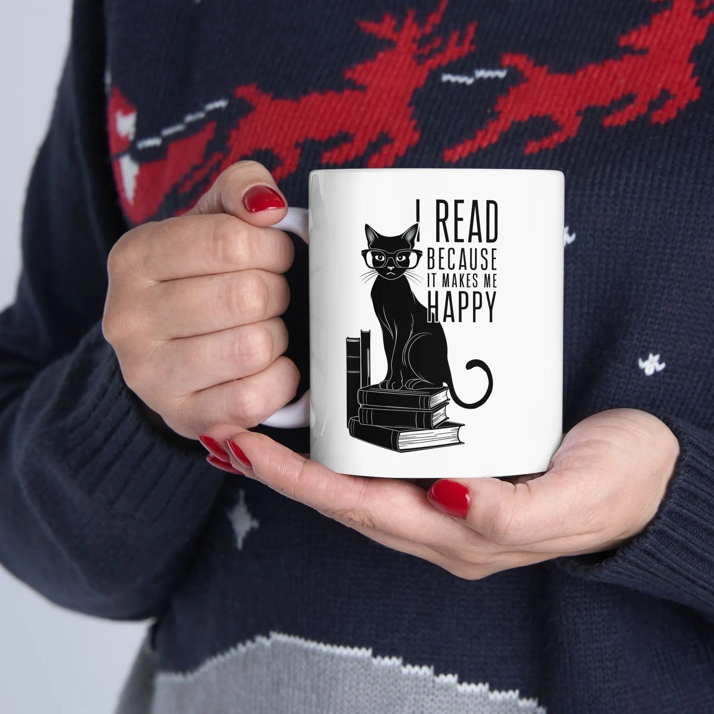 Happy Reading Kitty Mug featuring a stylish black cat on books, perfect for cozy sips, gifts for readers and book lovers.