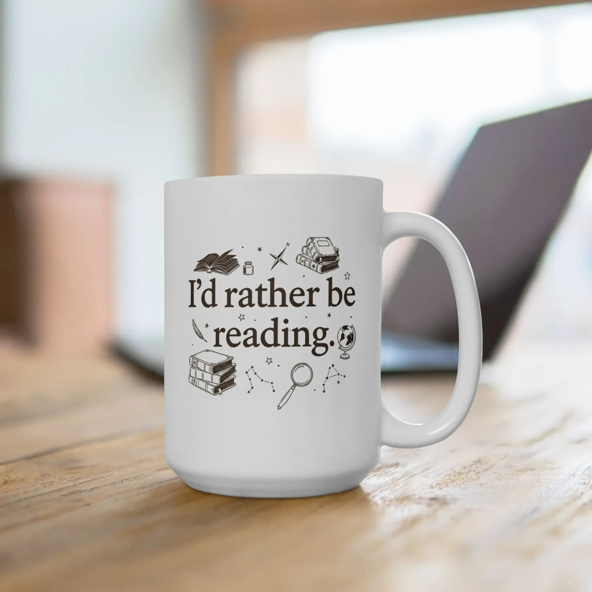 Rather Be Reading 2 Mug featuring whimsical book illustrations and text, perfect for cozy reading moments and thoughtful gifts for book lovers.
