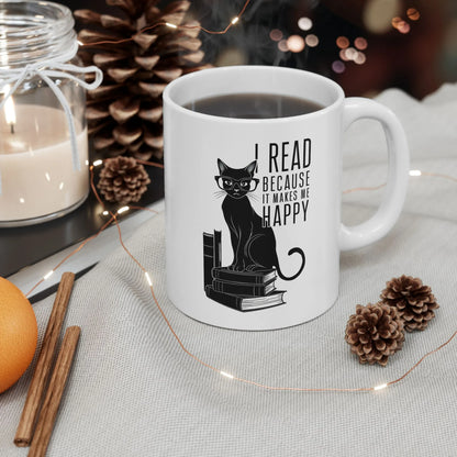 Happy Reading Kitty Mug features a stylish black cat on books, perfect for cozy reading moments with coffee or tea.