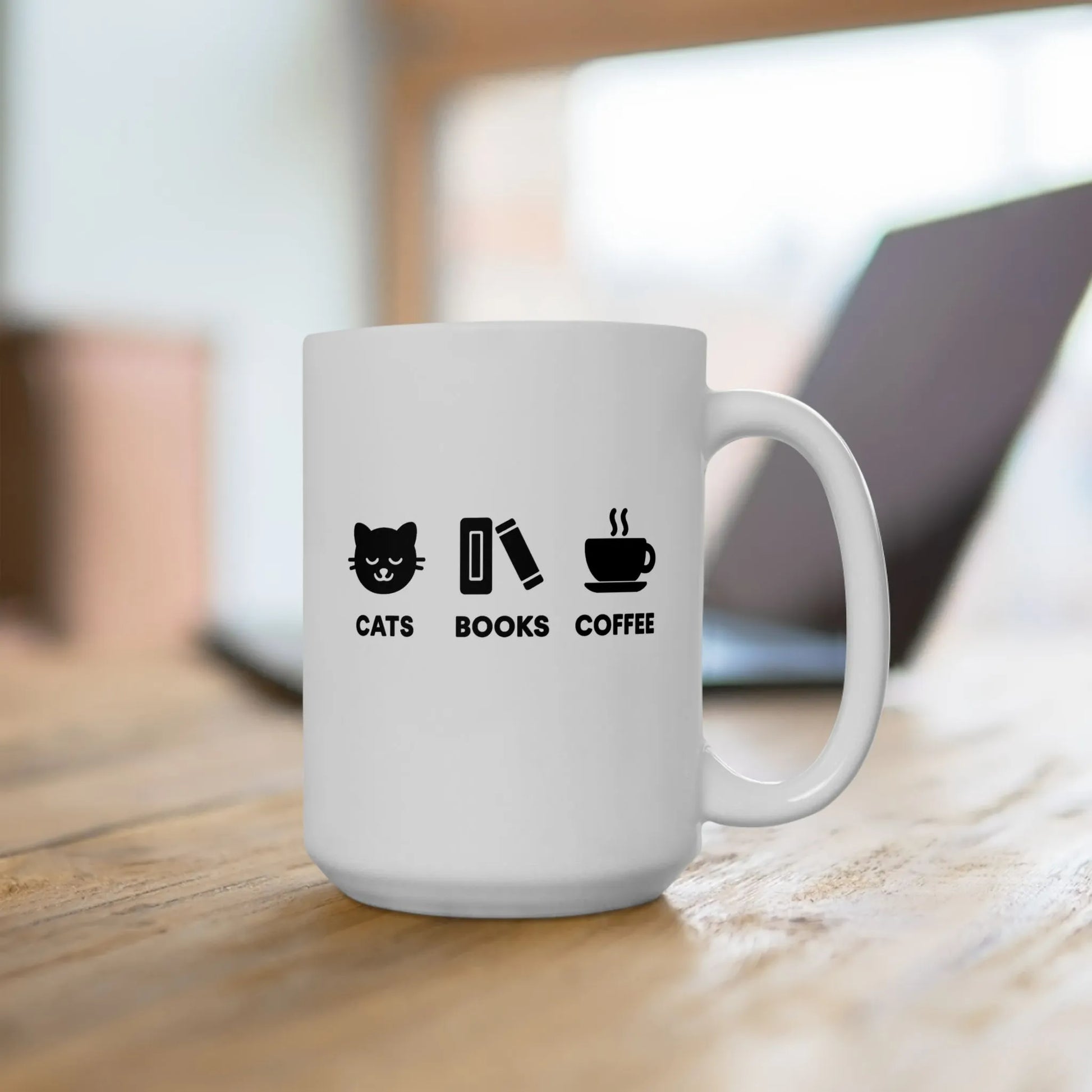 Holy Trinity Mug featuring icons of a cat, book, and coffee for cozy reading sessions and a perfect gift for book lovers.