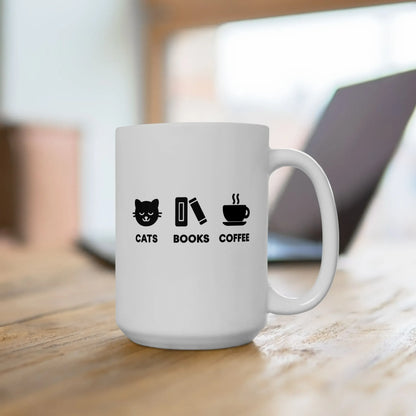 Holy Trinity Mug featuring icons of a cat, book, and coffee for cozy reading sessions and a perfect gift for book lovers.