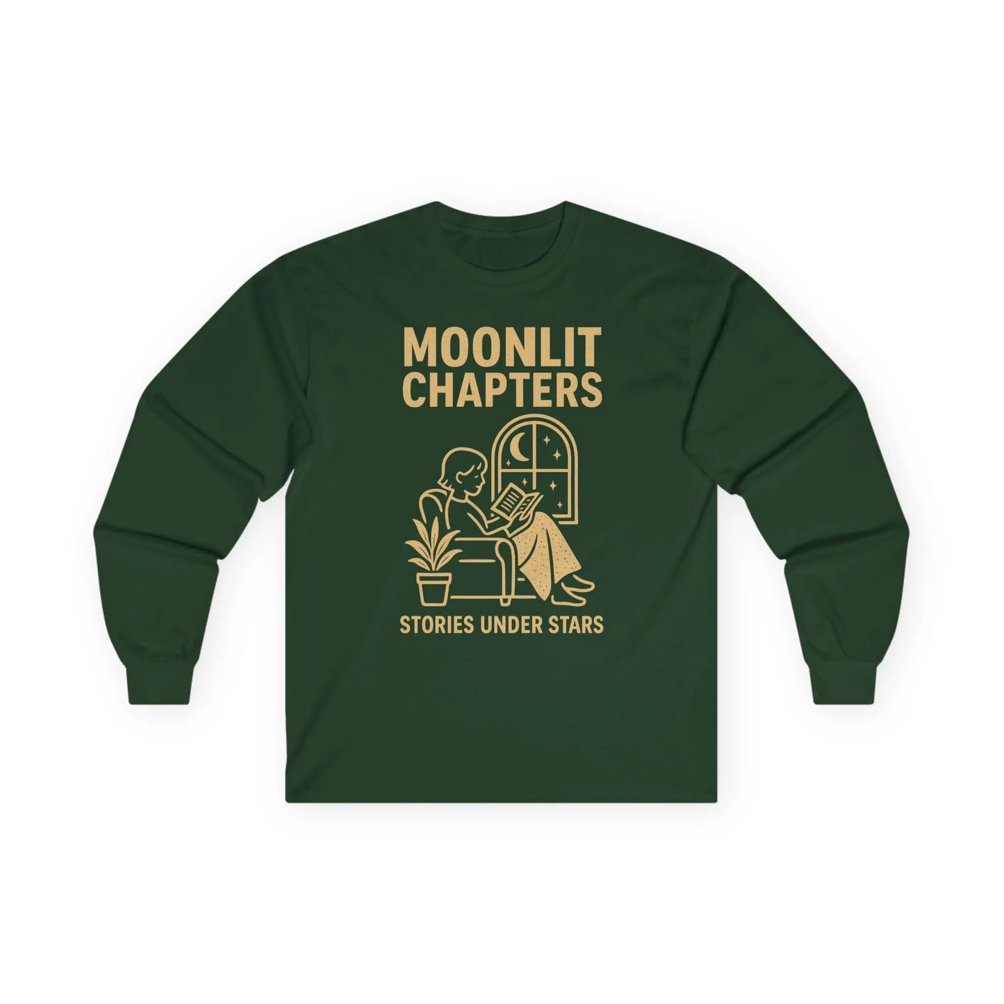 Moonlit Chapters Long Sleeve shirt features a cozy reader under stars, perfect for book lovers, gifts for readers.