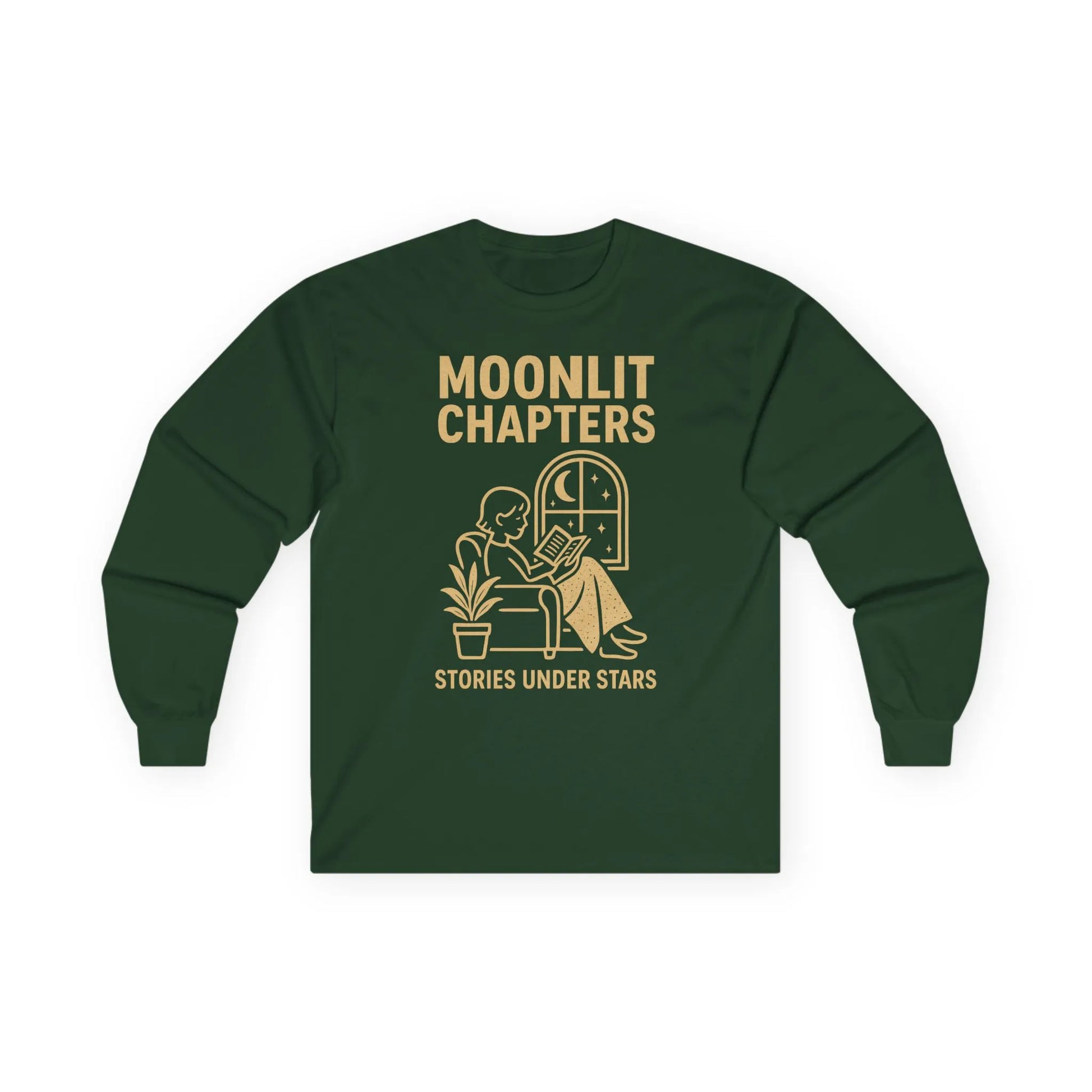 Moonlit Chapters Long Sleeve shirt features a cozy reader under stars, perfect for book lovers, gifts for readers.