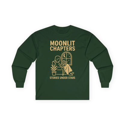 Moonlit Chapters Long Sleeve shirt features a cozy reader under stars, perfect for book lovers, gifts for readers.