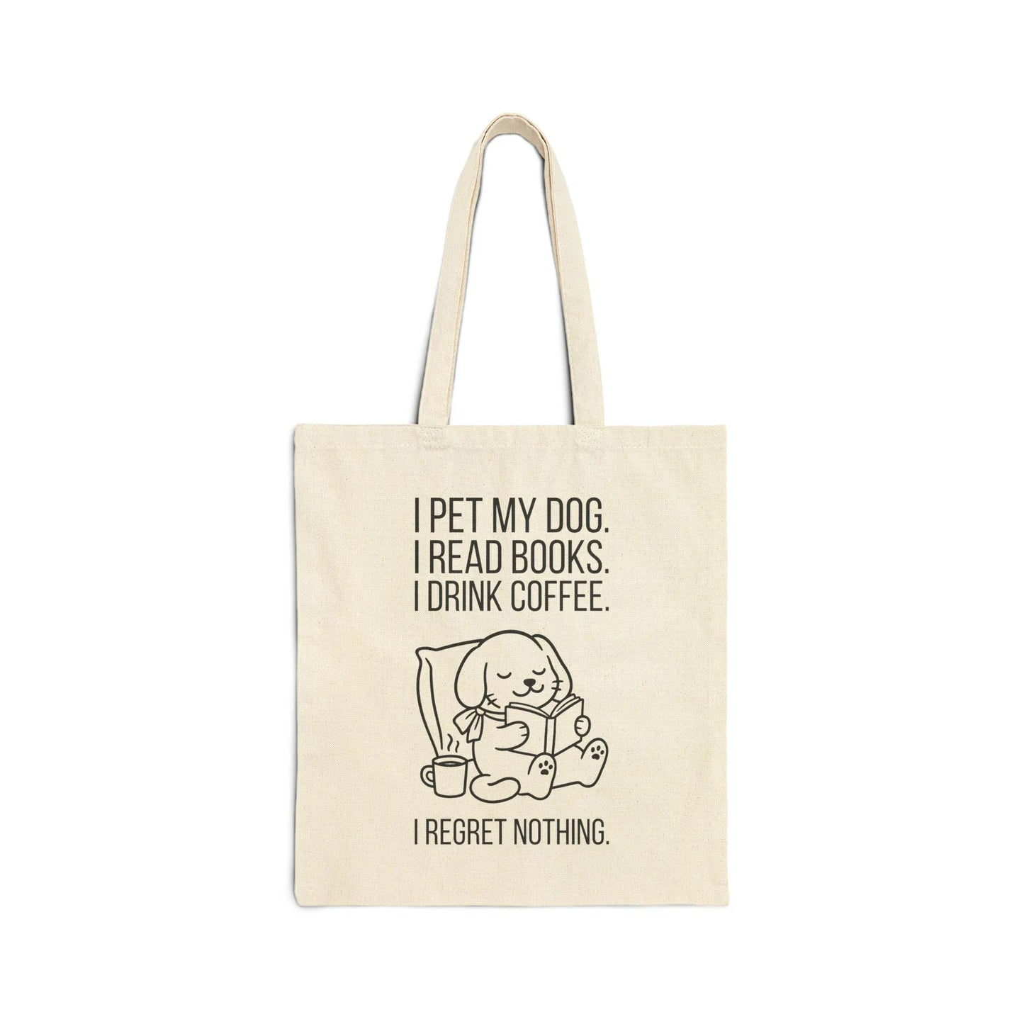 Dogs, Books & Coffee Tote Bag featuring a cute pup, whimsical text, and cozy vibes for book lovers.