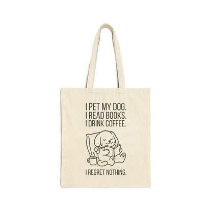 Dogs, Books & Coffee Tote Bag featuring a cute pup, whimsical text, and cozy vibes for book lovers.