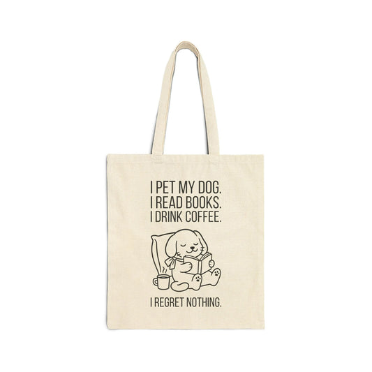 Dogs, Books & Coffee Tote Bag featuring a cute pup, whimsical text, and cozy vibes for book lovers.