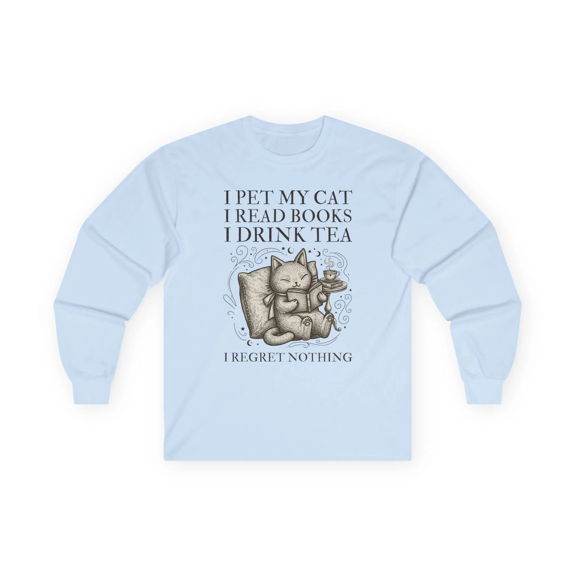 Tea, Cats & Books Long Sleeve features a cozy cat illustration with text highlighting joys of tea, books, and feline friends.