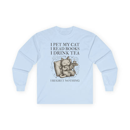 Tea, Cats & Books Long Sleeve features a cozy cat illustration with text highlighting joys of tea, books, and feline friends.