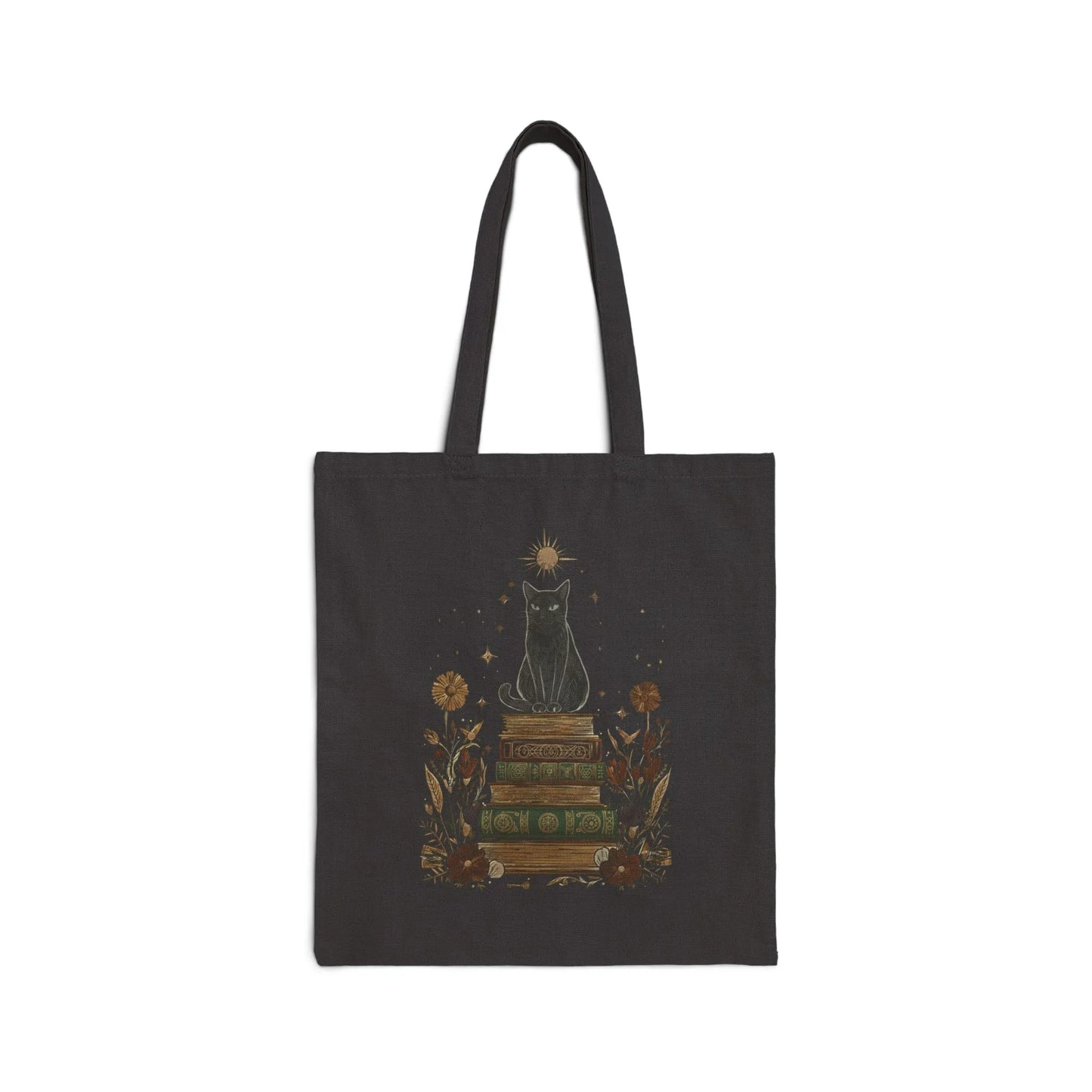 Mystic Cat & Books Tote Bag featuring a black cat atop vintage books, perfect for book lovers and cozy vibes.