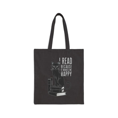 Happy Reading Kitty Tote Bag featuring a cute cat on stacked books with the text 'I READ BECAUSE IT MAKES ME HAPPY'.