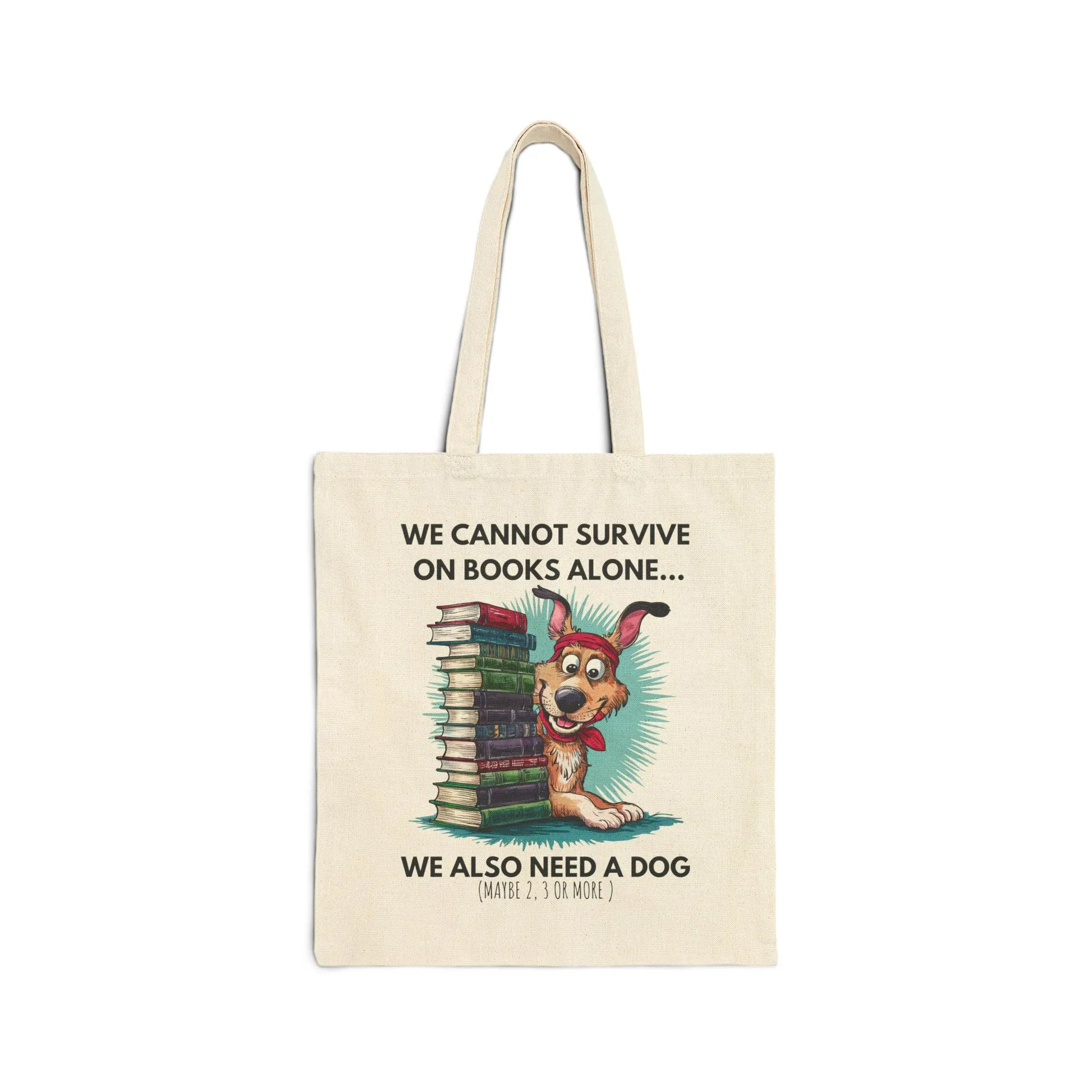Books & Dogs, Perfect Combo Tote Bag featuring a funny design with a dog and books on 100% cotton canvas.
