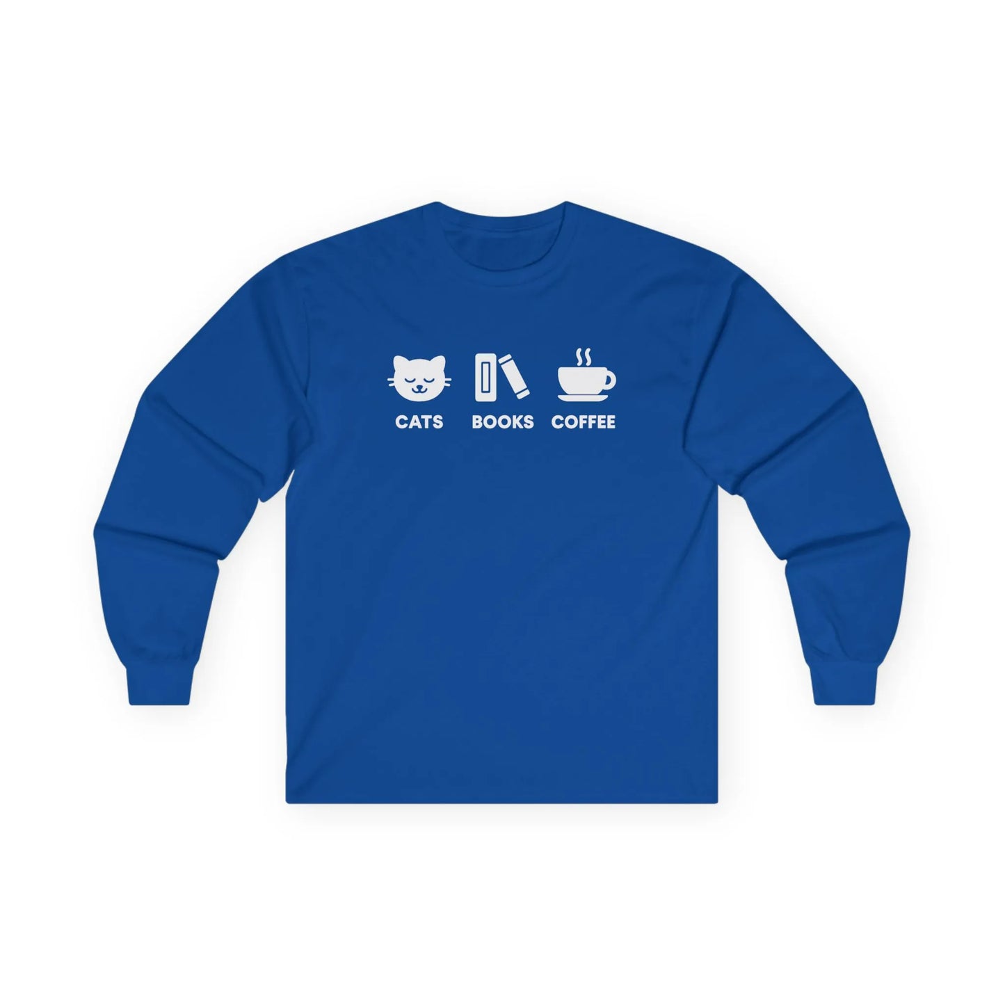 Holy Trinity Long Sleeve in blue featuring playful designs of a cat, books, and coffee, perfect for cozy reading lovers.