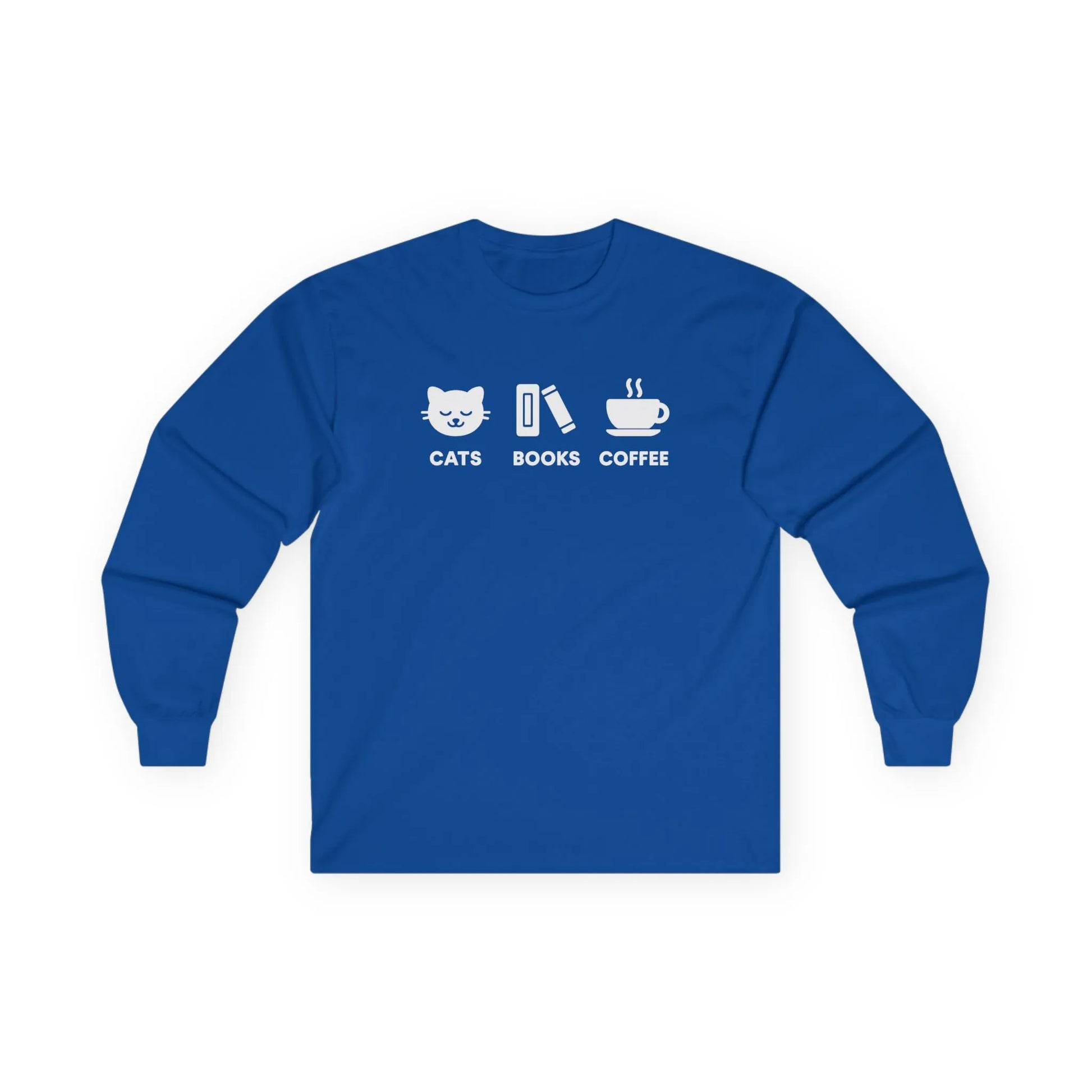 Holy Trinity Long Sleeve in blue featuring playful designs of a cat, books, and coffee, perfect for cozy reading lovers.