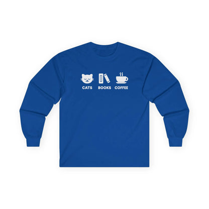 Holy Trinity Long Sleeve in blue featuring playful designs of a cat, books, and coffee, perfect for cozy reading lovers.