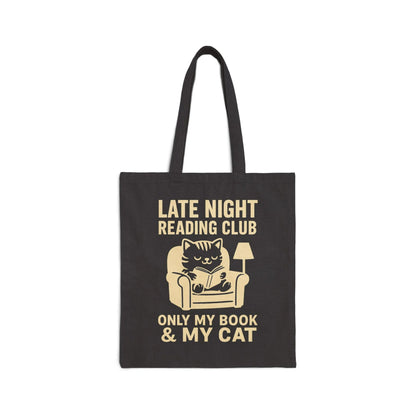 Late Night Reading Club Tote Bag featuring a cozy cat illustration, perfect for book lovers who enjoy tea, coffee, and feline company.
