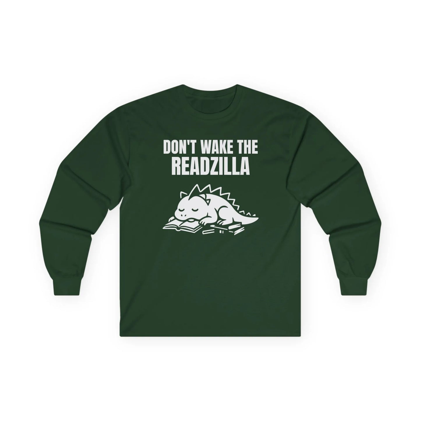 Cozy Readzilla Nap Mode Long Sleeve shirt with playful dinosaur illustration and 'Don't Wake the Readzilla' text. Perfect for book lovers!