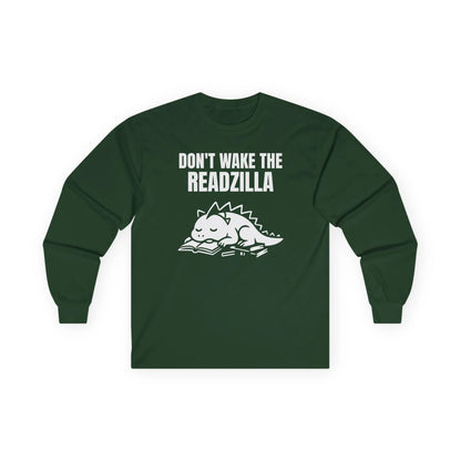Cozy Readzilla Nap Mode Long Sleeve shirt with playful dinosaur illustration and 'Don't Wake the Readzilla' text. Perfect for book lovers!