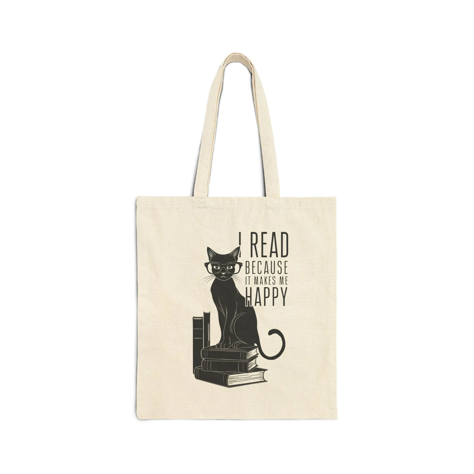 Happy Reading Kitty Tote Bag featuring a classy black cat with glasses sitting on books, perfect for book lovers and cat enthusiasts.
