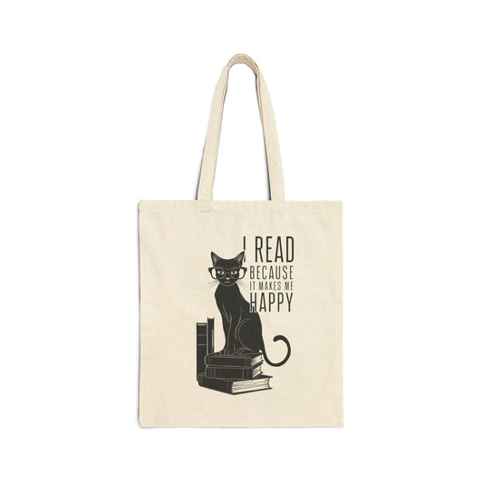 Happy Reading Kitty Tote Bag featuring a classy black cat with glasses sitting on books, perfect for book lovers and cat enthusiasts.