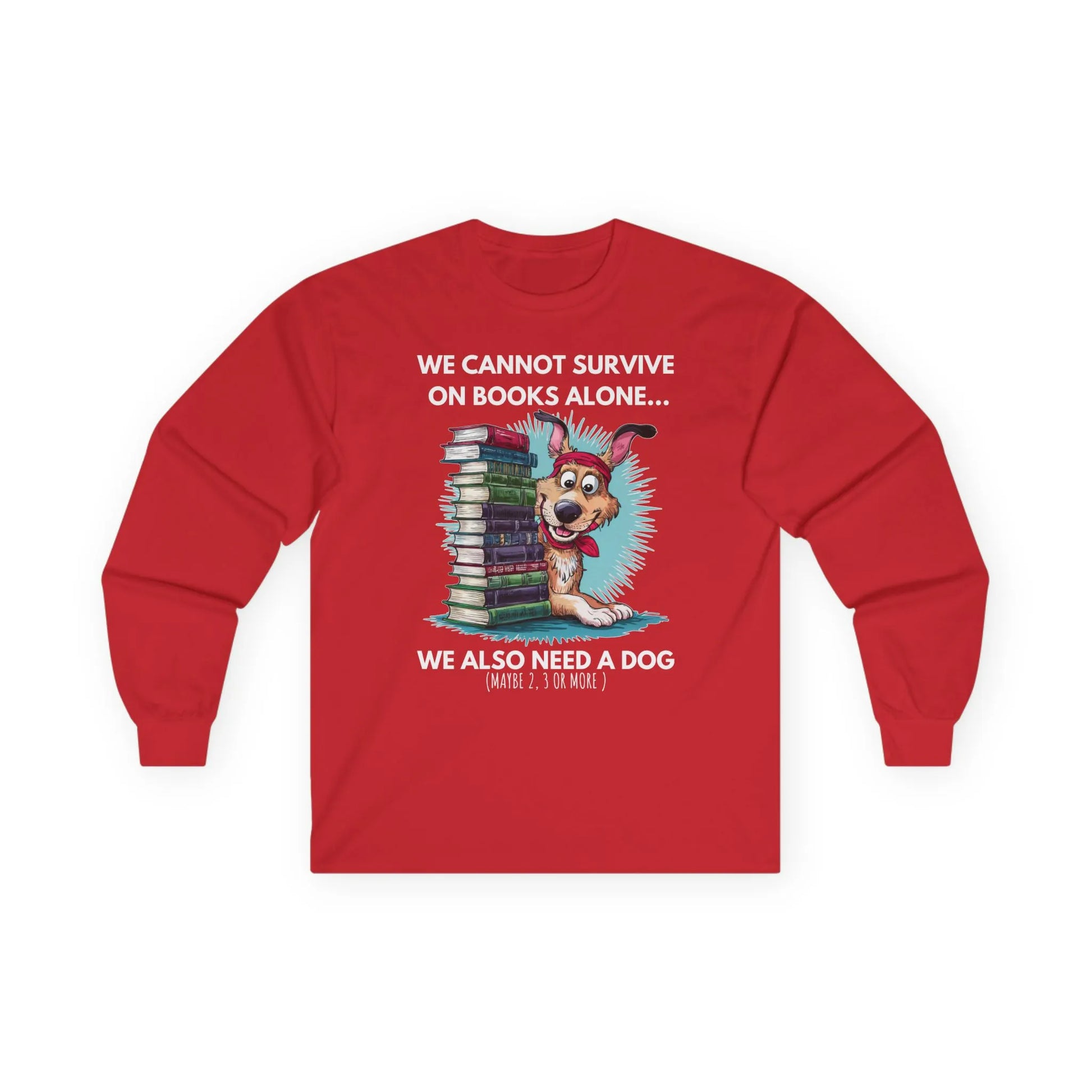 Books & Dogs, Perfect Combo Long Sleeve featuring a playful dog and stacked books design on a red background.