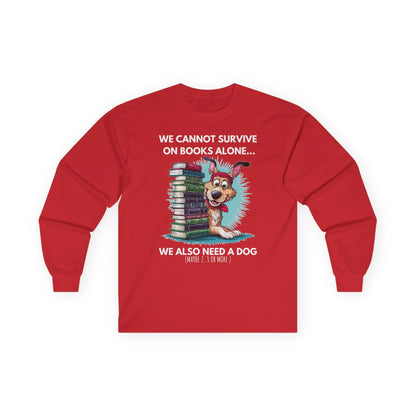 Books & Dogs, Perfect Combo Long Sleeve featuring a playful dog and stacked books design on a red background.
